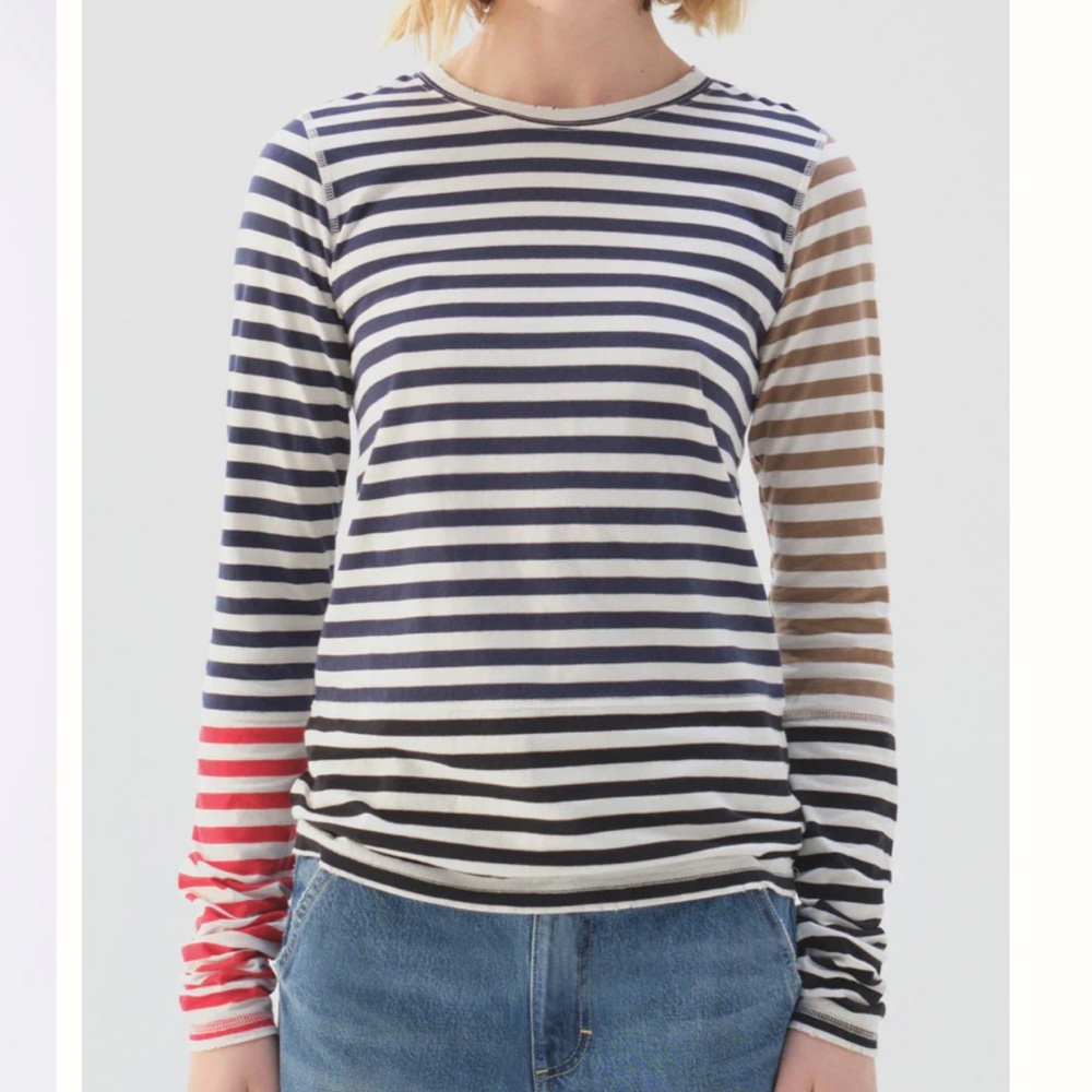 AMO Striped Long Sleeve Tee in Navy, Red, and Tan